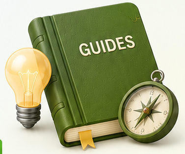 Guide book, light bulb and compass